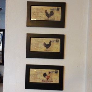 3 rooster framed prints, measuring 8.5"x13".